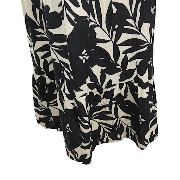 Cottagecore Black Tan Linen Puff Sleeve Tie Back Cutout Midi Dress Size S Floral - Picture 13 of 13